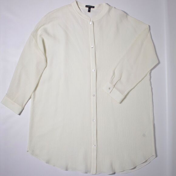 Eileen Fisher Ivory Wool Silk LS Button Tunic Crepe Shirt Dress Band Collar Boxy - Picture 1 of 9